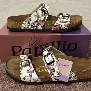 Papillio by Birkenstock White Floral Sandals with Cork Footbed